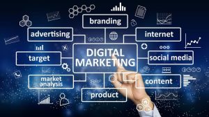 This image illustrates how digital marketing integrates multiple components like branding, advertising, social media platforms, content creation, audience targeting, and market analysis to promote products and build strong online presence.